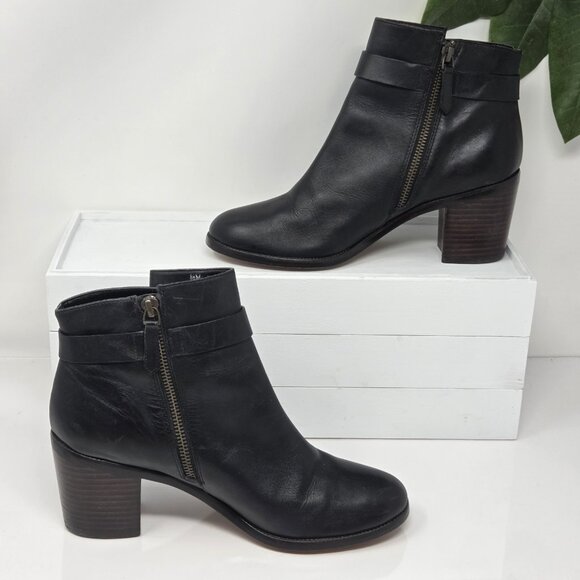 Halogen Womens 8.5 Boots Leather Black Ankle Booties Block Heel Strap Almond Toe - Picture 2 of 10